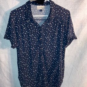 Dark blue floral collared t-shirt with buttons